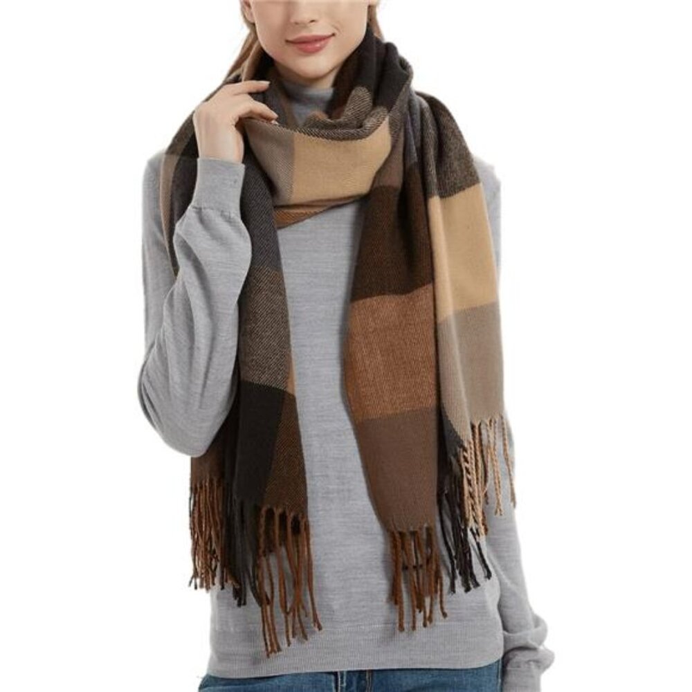 Womens Winter Scarf Large Shawl Plaid Grid Warm Soft Blanket Wrap Tassel Fashion
